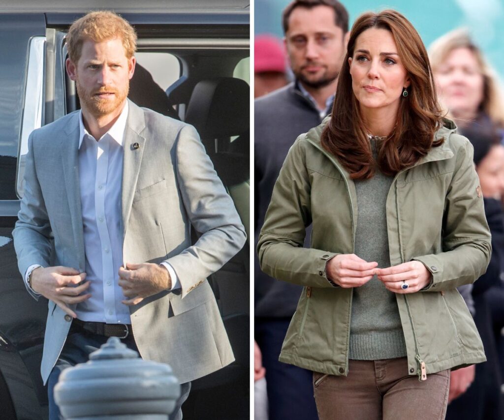 Prince Harry and Kate Middleton with grim looks on their faces.