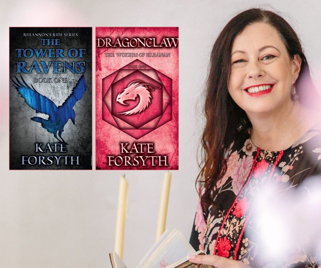 Romantasy author Kate Forsyth smiles in bright pink lipstick with her two books The Tower of Ravens and DragonClaw