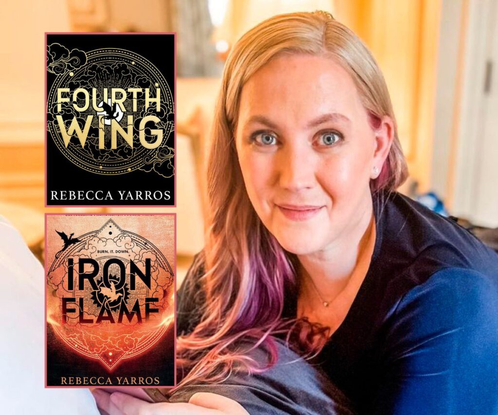 Author Rebecca Yarros smiles with her two books Iron Flame and Fourth Wing