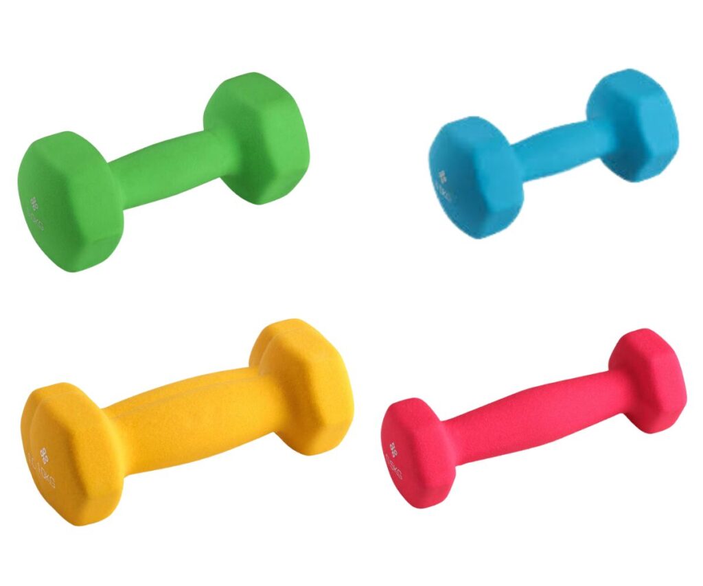 bright green, blue, yellow and red dumbbells for home workouts