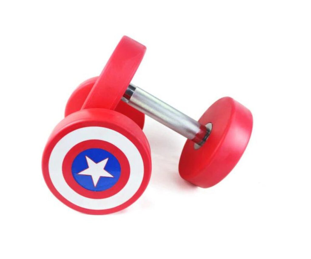 red white and blue captain america style dumbbells