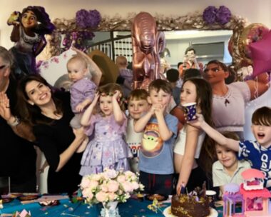 the Baldwin family is seen happy, celebrating their child's birthday