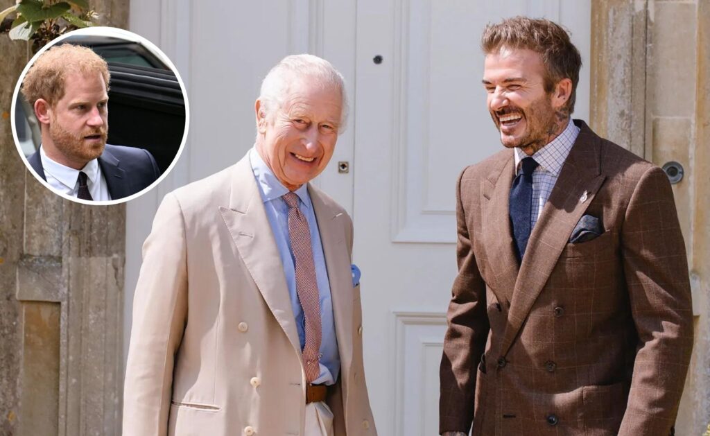 angry prince harry looks on as david beckham and king charles share a laugh