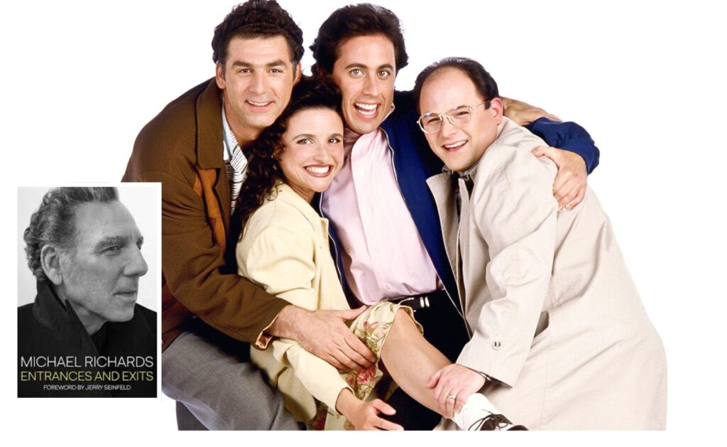 The cast of Seinfeld looking happy and image of Michael's new book