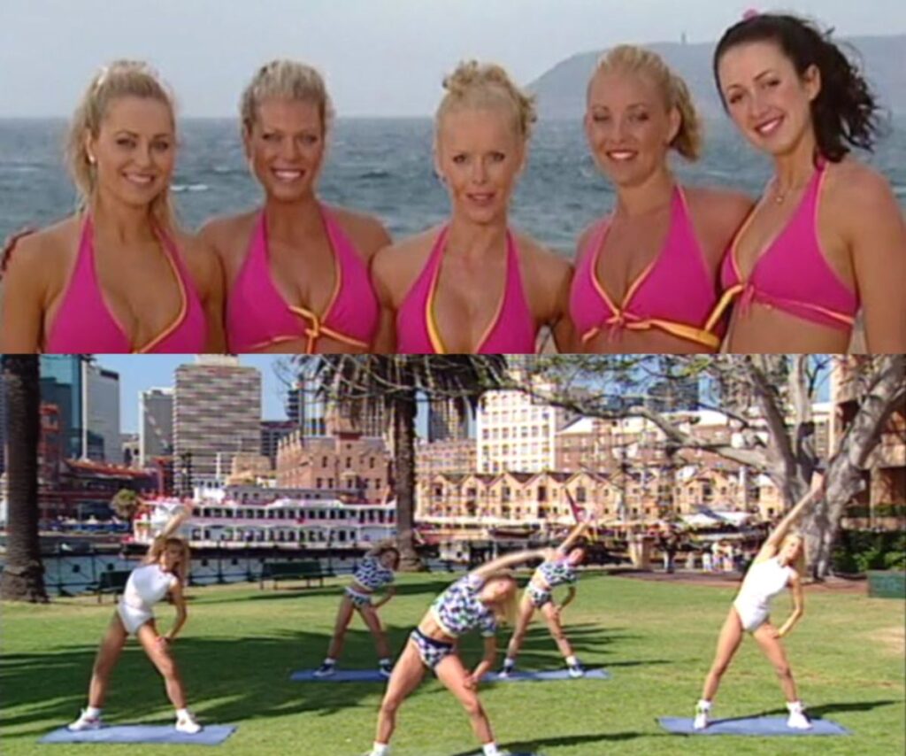 Women in hot pink bikinis on top and some exercising in a park in bottom pic
