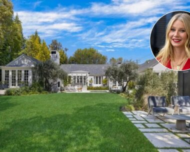 Gwyneth Paltrow in bright red lipstick and red top on Brentwood house she's selling