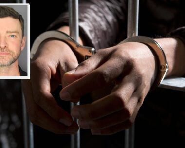handcuffed hands in jail with Justin Timberlake mugshot