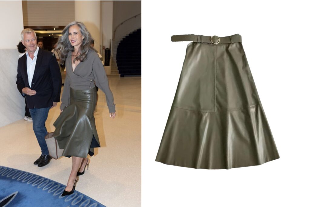 Photograph of Andie MacDowell looking stunning in a striking leather skirt, plus an image of skirt in order to steal her style.