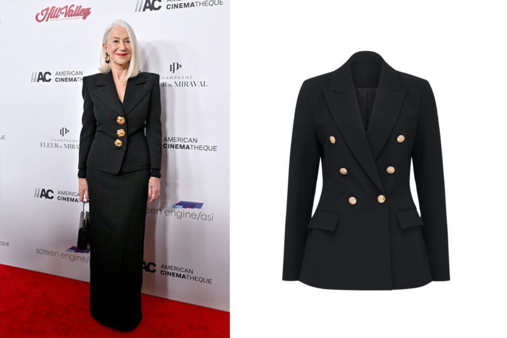 Photograph of Helen Mirren looking stunning in a striking all-black ensemble, plus an image of jacket in order to steal her style.