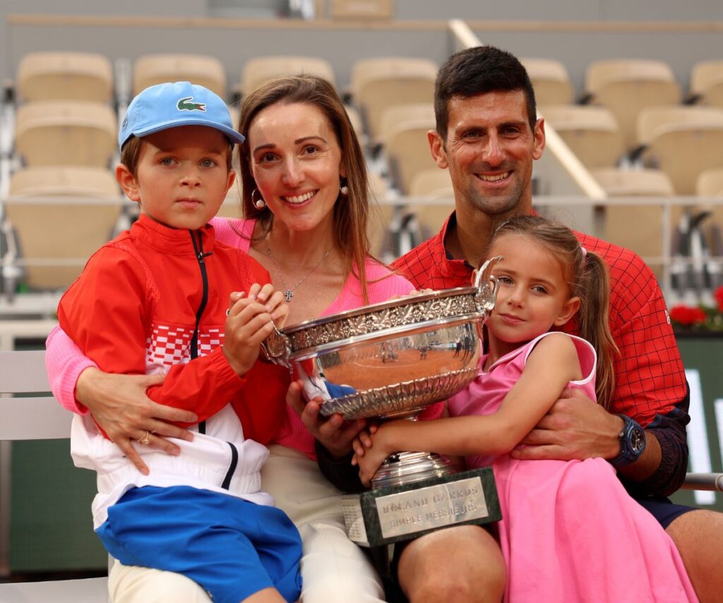 Novak Djokovic with his wife Jelena and kids at the 2023 French Open.