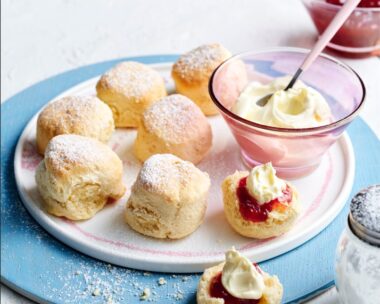 Delicious air fryer scone slathered in jam and cream