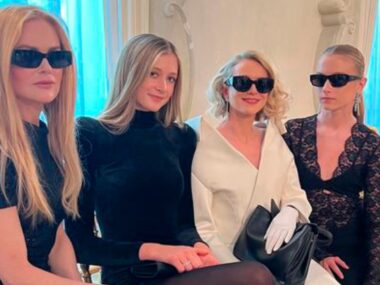 Nicole Kidman, Sunday Rose, Naomi Watts and Kai sit wearing black and white and sunnies for fashion week