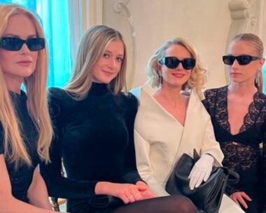Nicole Kidman, Sunday Rose, Naomi Watts and Kai sit wearing black and white and sunnies for fashion week