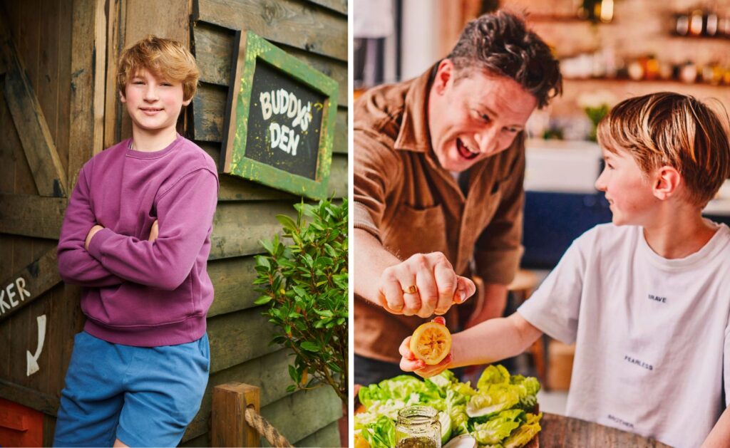 Jamie Oliver cooking with his son Buddy Oliver.