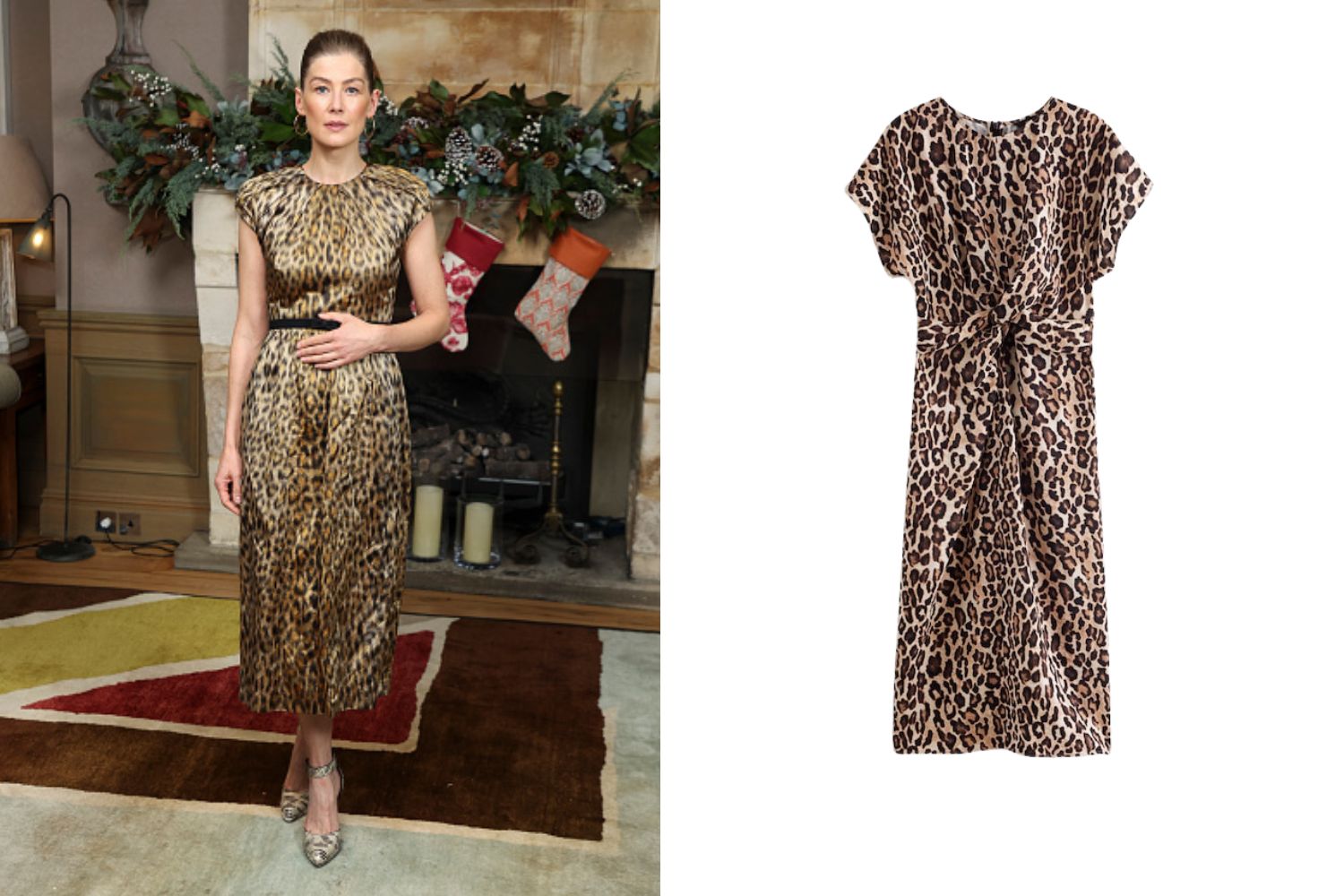 Rosmund Pike wearing leopard print dress and get the look Next dress next to her