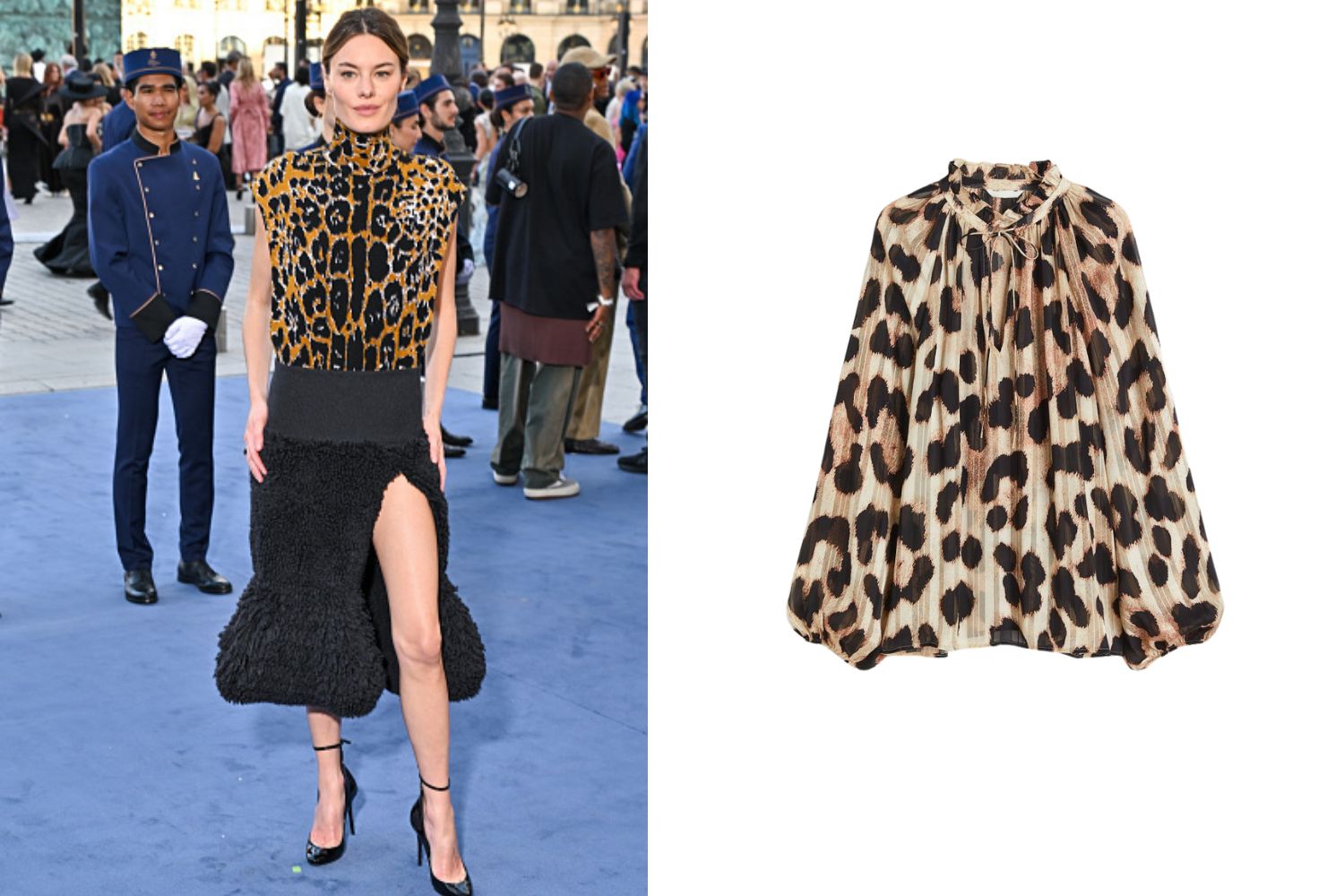 Camilla Rowe wearing leopard print blouse and get the look H&M blouse  next to her