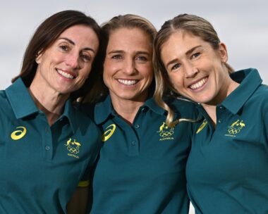 Marathon runners Sinead Diver, Genevieve Gregson and Jessica Stenson smiling to camera.