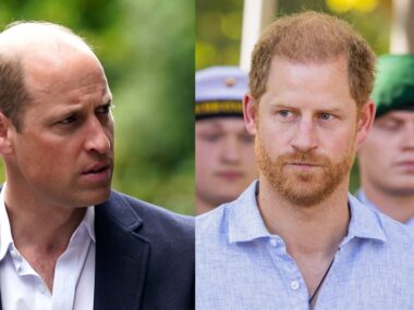 Prince William and Prince Harry looking serious.