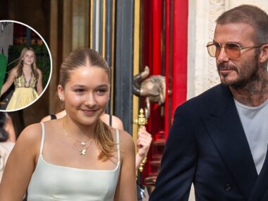 david beckham walks with daughter Harper, small pic of Harper and Victoria Beckham in corner