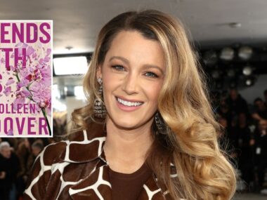 Blake Lively looks beautiful wearing giraffe print next to It Ends With Us book cover