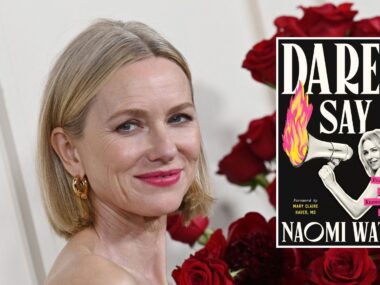 Naomi Watts smiles in red lipstick beside her new memoir book cover Dare I Say It