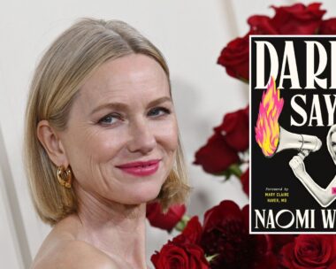 Naomi Watts smiles in red lipstick beside her new memoir book cover Dare I Say It