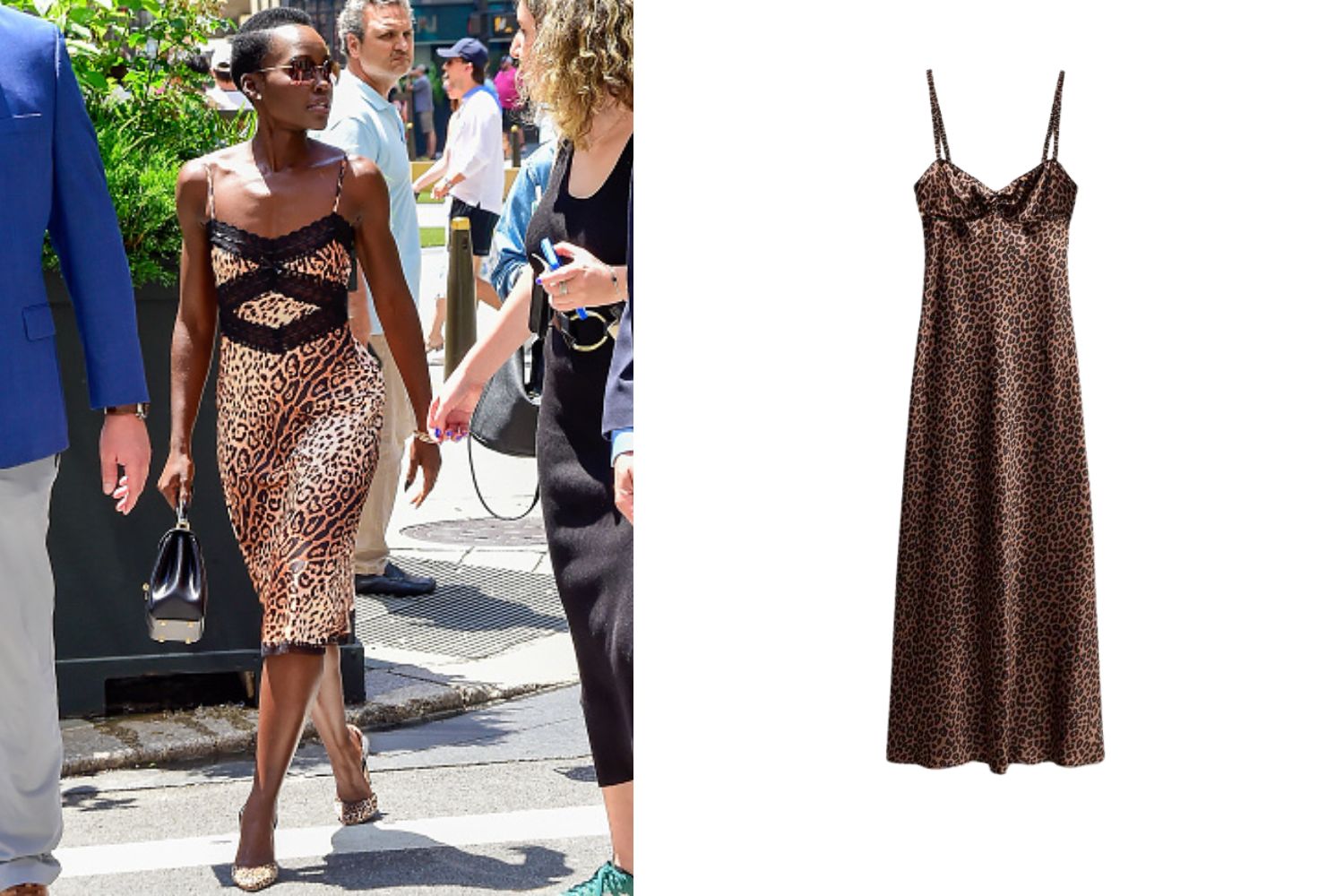 Lupita Nyong'o wearing leopard print dress and get the look Zara dress next to her