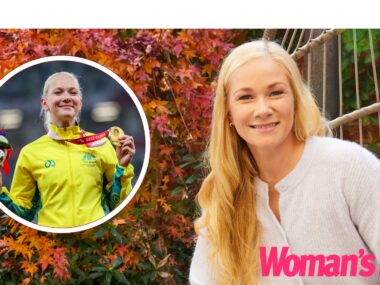 Paralympian Vanessa Low smiling to camera. An inset of her holding up a gold medal at Tokyo 2020.