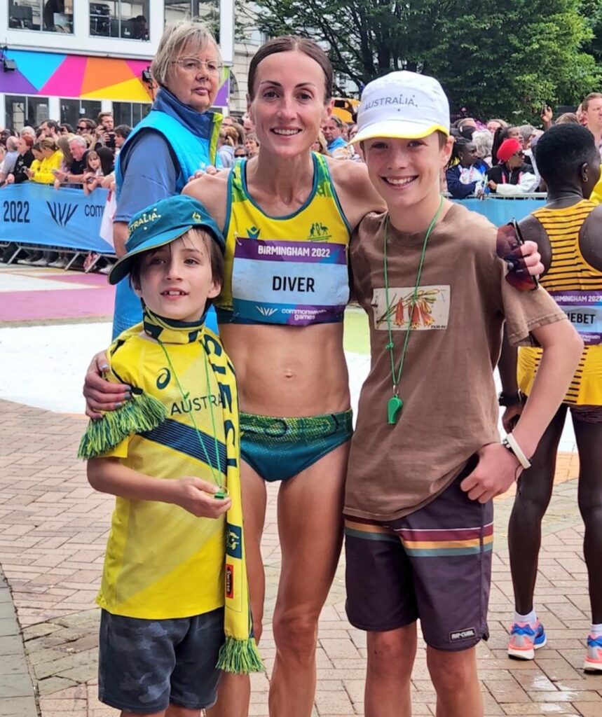 Marathon runner Sinead Diver and her children on race day.