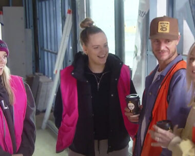 From left to right, Charlotte, Maddy, Kyal and Kara discussing whether Kyal will become the Sydney sisters new builder.