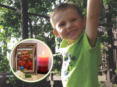 A main image of William Tyrrell smiling and a smaller inset of a lit candle next to a picture frame with an image of William.