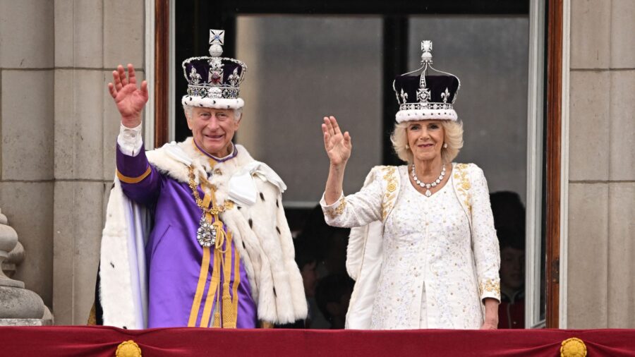 king charles and camilla wave wearing crowns