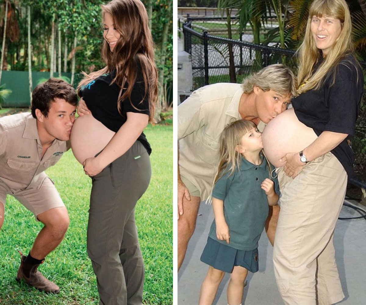 Crikey, look at those beautiful bumps! Bindi Irwin and Chandler Powell recreate Steve and Terri Irwin’s iconic maternity shoot