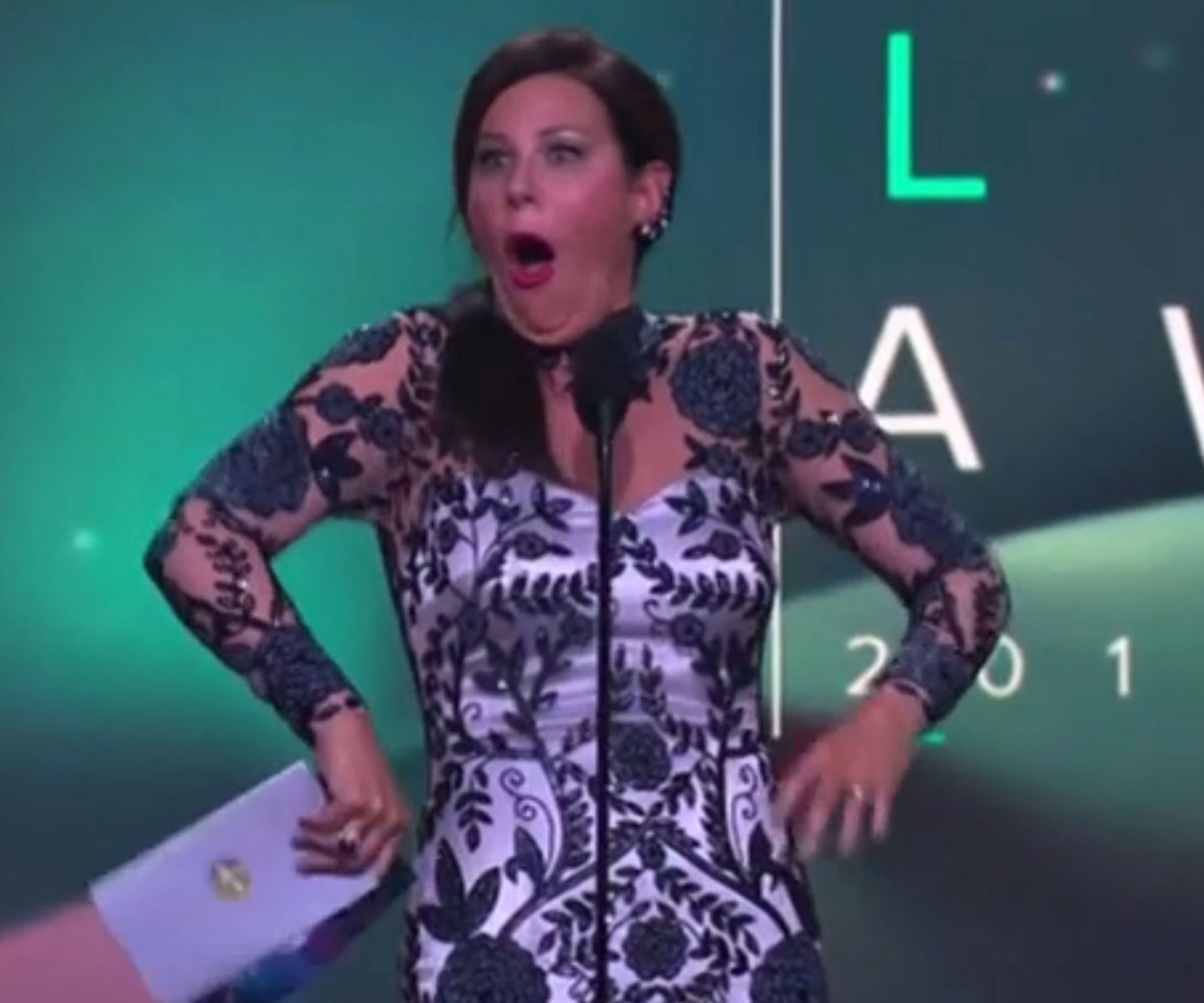 Oops! Julia Morris suffers embarrassing onstage slip-up at the Logies!